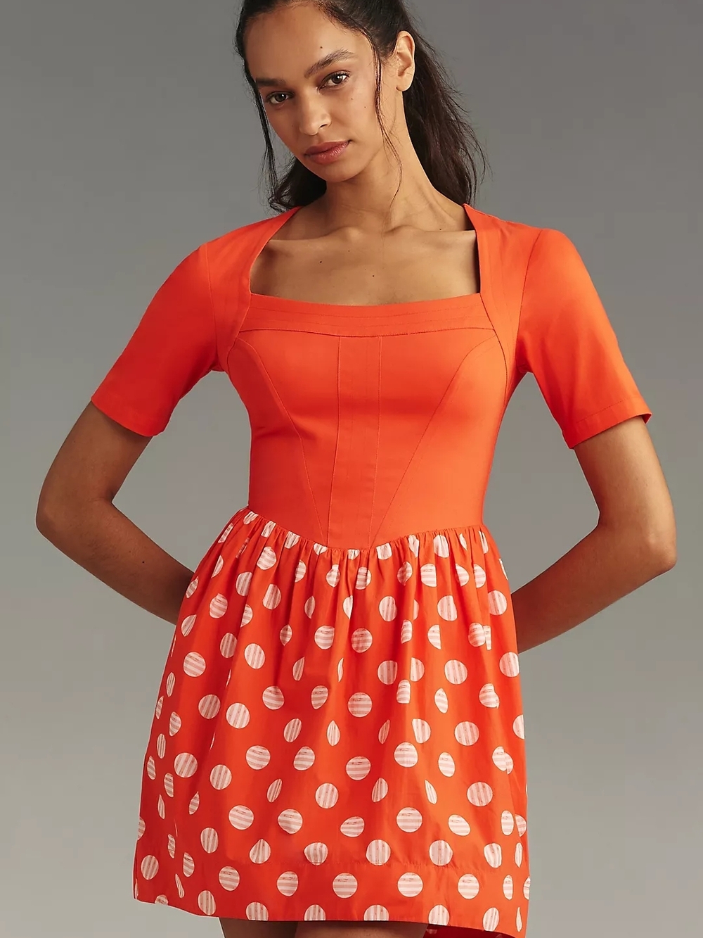 3x Nwt Anthropologie Polka Dot Square-Neck Mini Dress in Orange